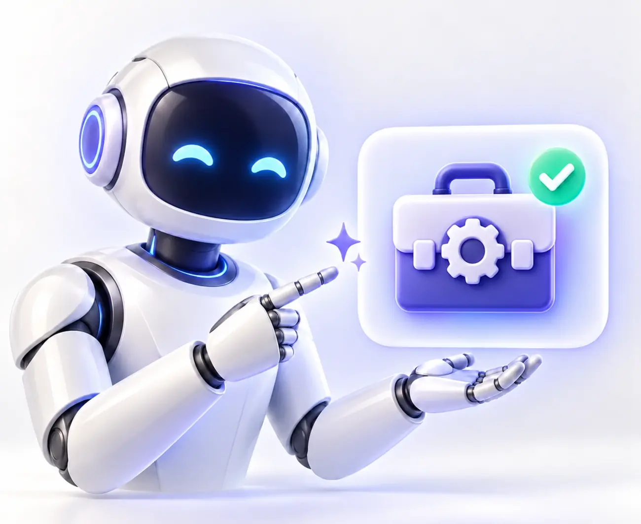 Biely AI robot ukazuje na kufrík s ozubeným kolesom a zeleným háčikom