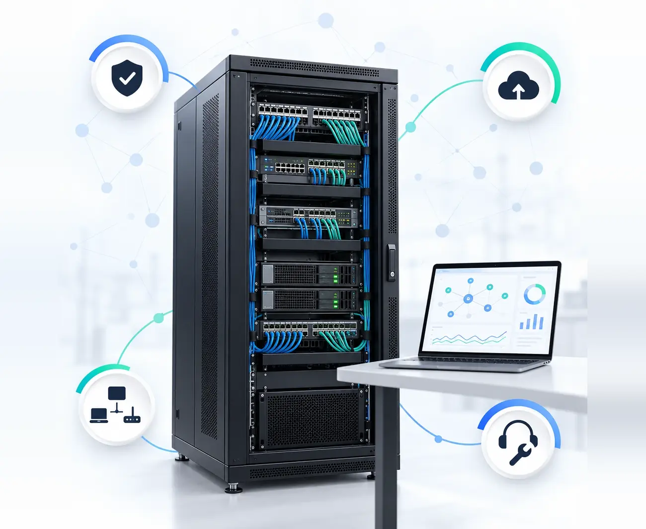 A server rack with network equipment, a laptop with an overview and icons for security, cloud, network and technical support