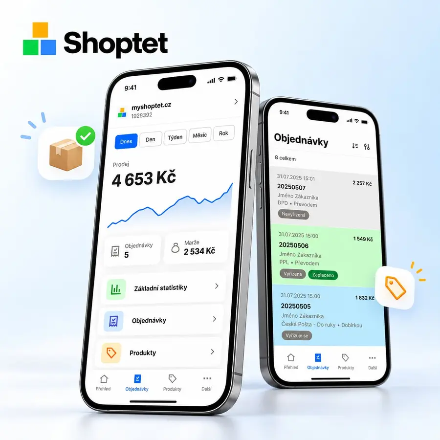 Aplikace Shoptet na dvou telefonech: přehled prodeje a seznam objednávek